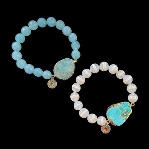 Set of 2 Arlene Couture Turquoise and Druzy Agate Gemstone Beaded Bracelets